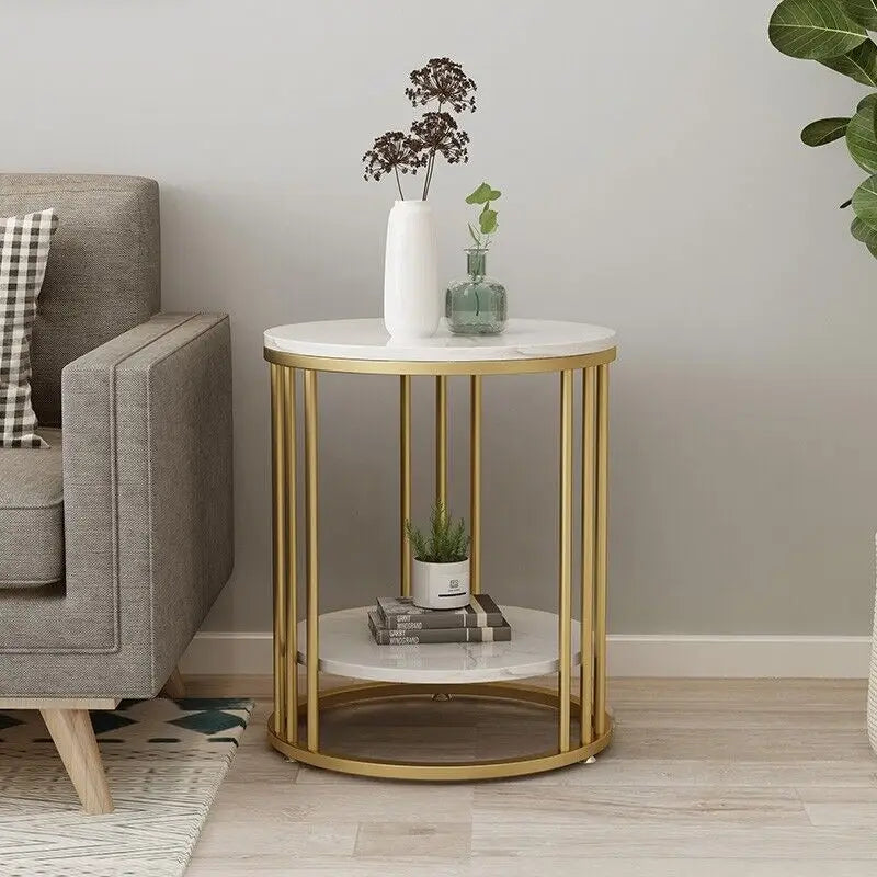 2-Tier White Marble Side Table Round Coffee