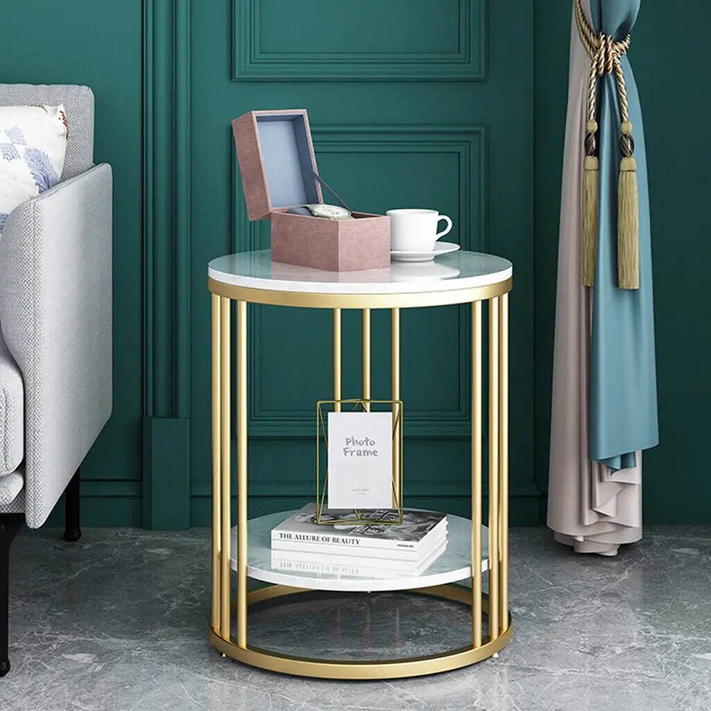 2-Tier White Marble Side Table Round Coffee